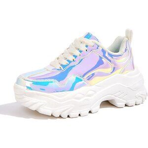 Women White Hologram Casual Tennis Lace Up Chunky Sneakers Shoes